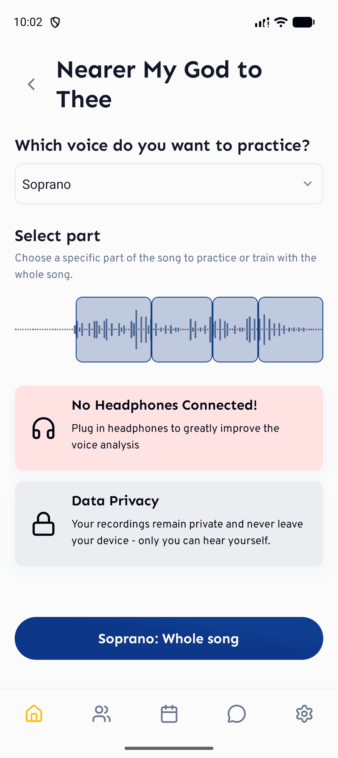 Tap the microphone icon on a song, then choose the voice and section you want to practise.