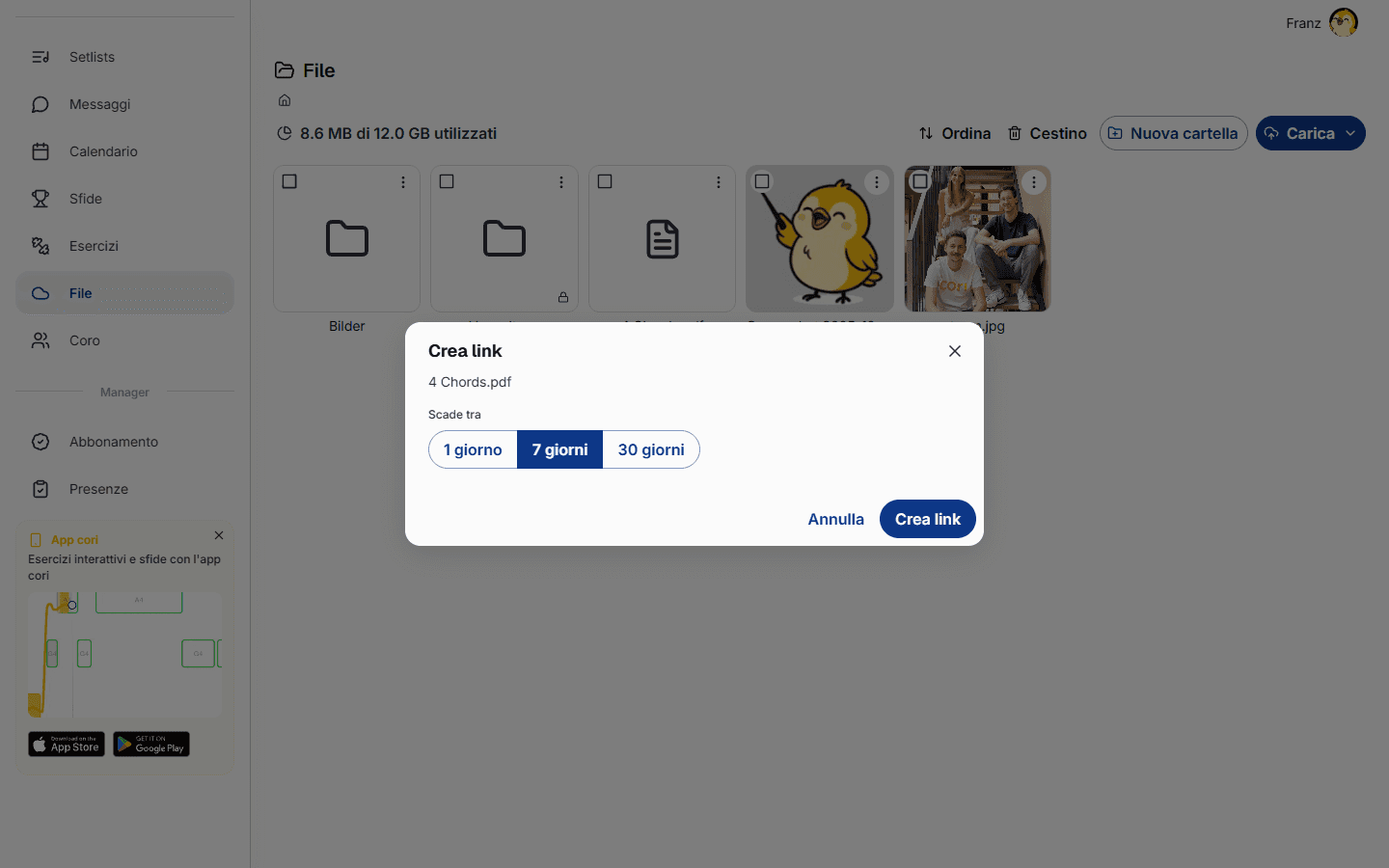 Crea un link di condivisione con una scadenza, copialo o revocalo in seguito.