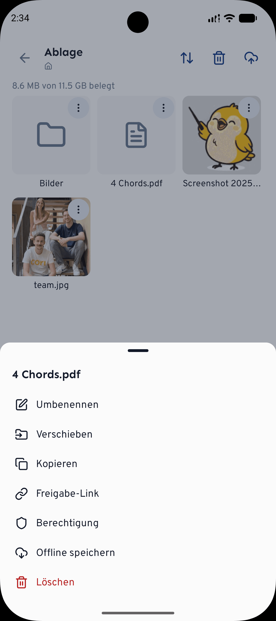 Die Dateien des Chors in der App durchstöbern, geöffnet über den Tab Chor.